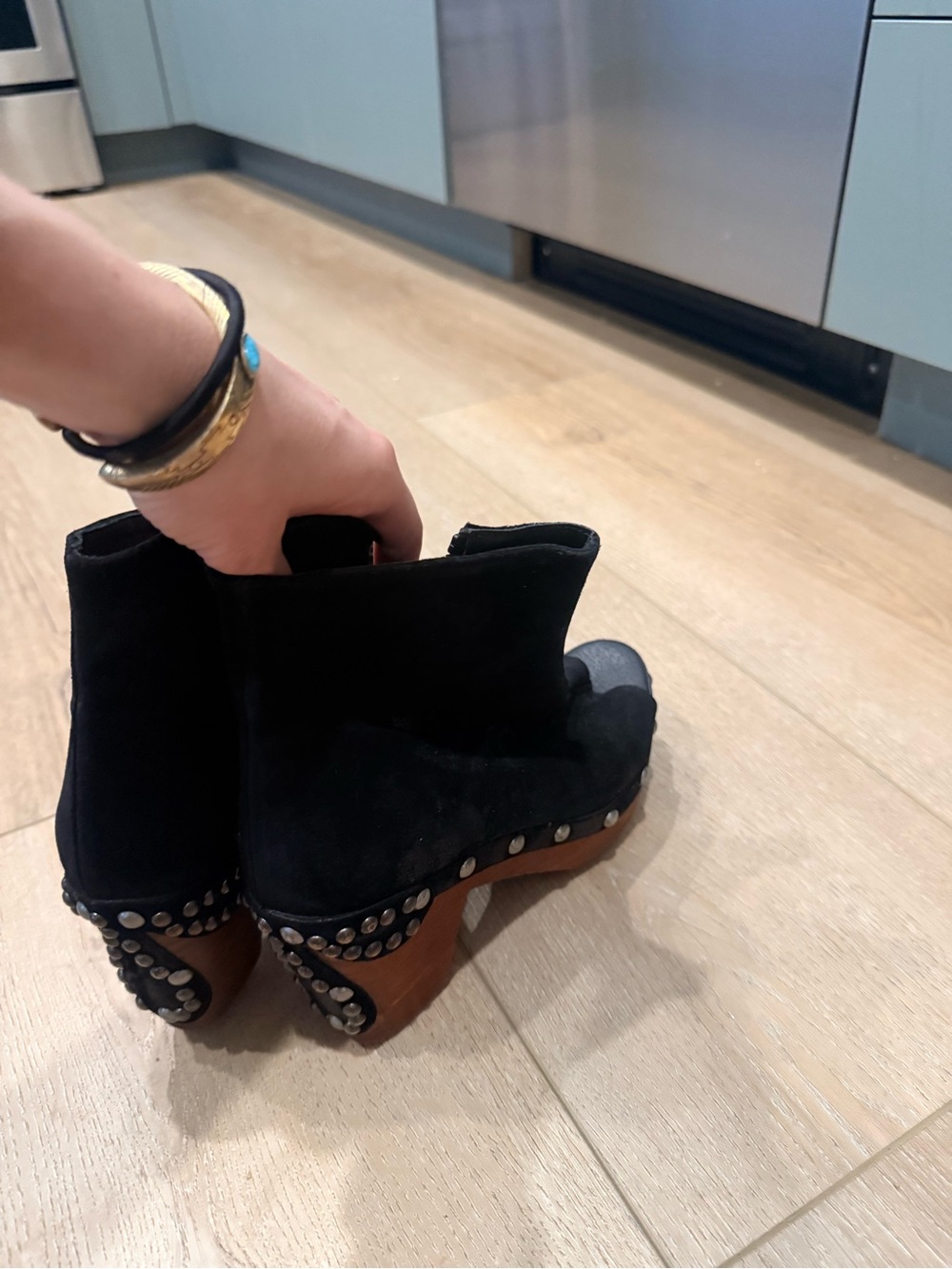 Black Studded peep toe Suede Platform Ankle Boots - Free People